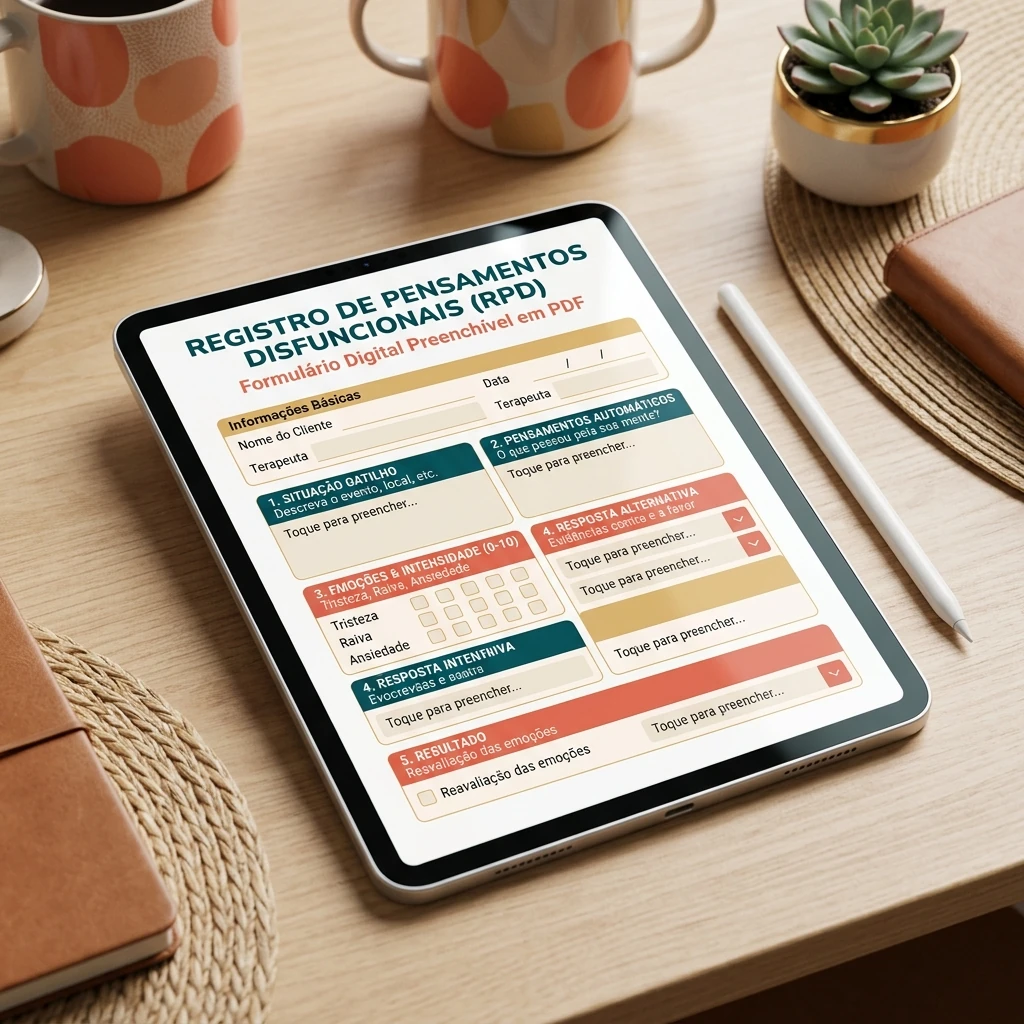 Mockup do formulário digital Registo de Pensamentos Disfuncionais em tablet iPad