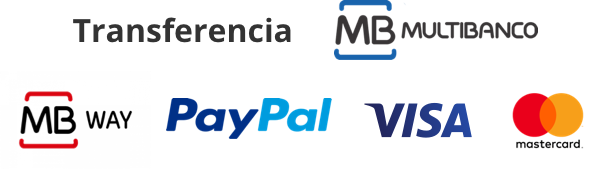 Métodos de pagamento aceites: Cartão de Crédito, MB Way, Multibanco, PayPal